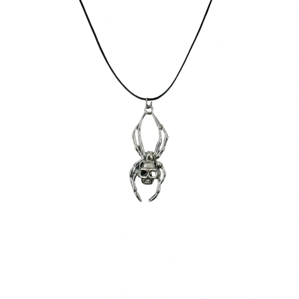 Spider Skull Pendant Necklace Gothic Aesthetic Black Cord Jewelry Unisex